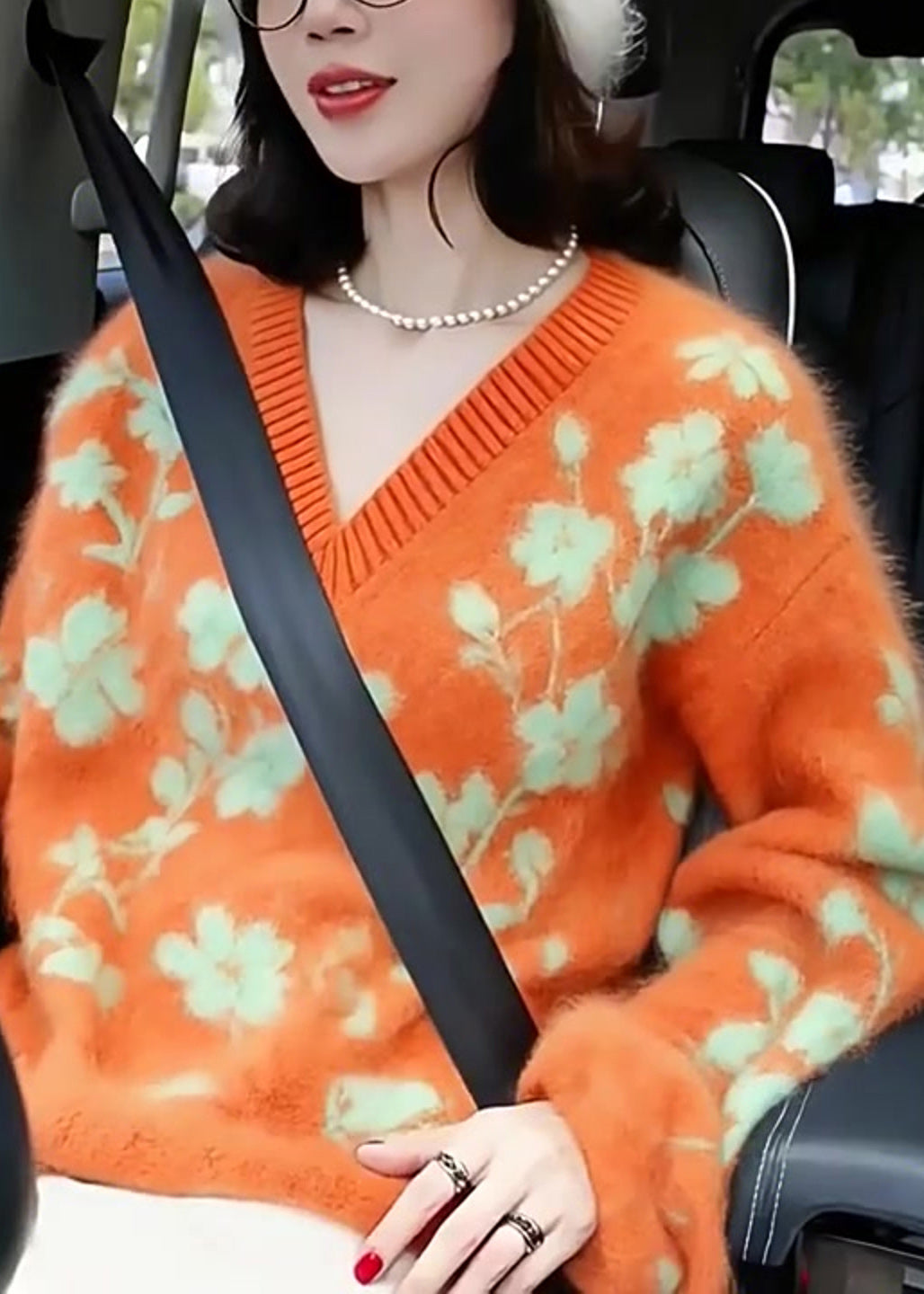 Women Orange V Neck Jacquard Knitted Short Sweater Winter