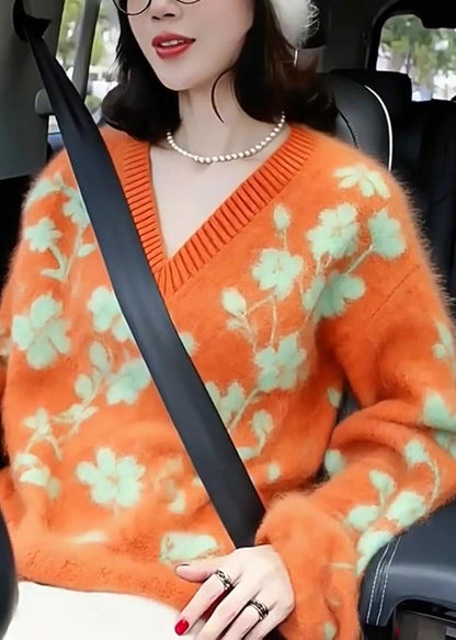 Women Orange V Neck Jacquard Knitted Short Sweater Winter