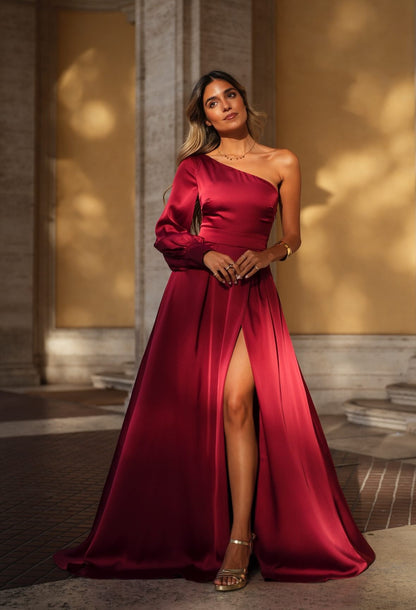 Sexy One-Shoulder Waist Slit Solid Color Dress