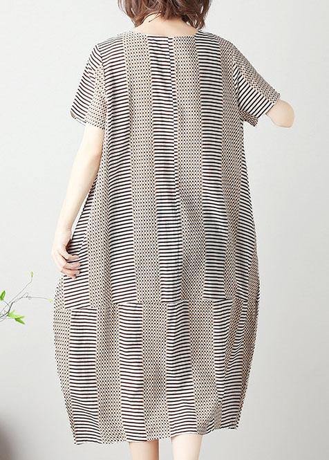 Bohemian light khaki striped Cotton tunics for women o neck patchwork cotton summer Dress