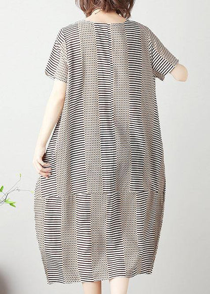 Bohemian light khaki striped Cotton tunics for women o neck patchwork cotton summer Dress