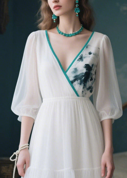 Bohemian White V Neck Patchwork Tulle Maxi Dress Summer