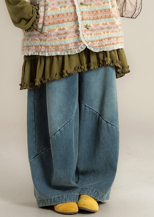 Casual Blue Pockets Denim Wide Leg Jeans