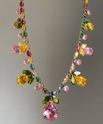 Beautiful Rainbow Alloy Zircon Floral Water Drop Pendant Necklace