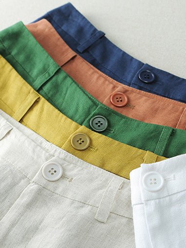 Solid Color Mid-waistline Casual Linen Wide Leg Shorts