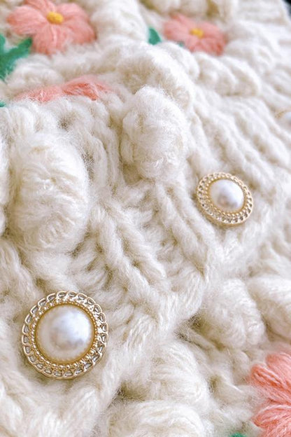 Floral Pearl Button Cardigan-White
