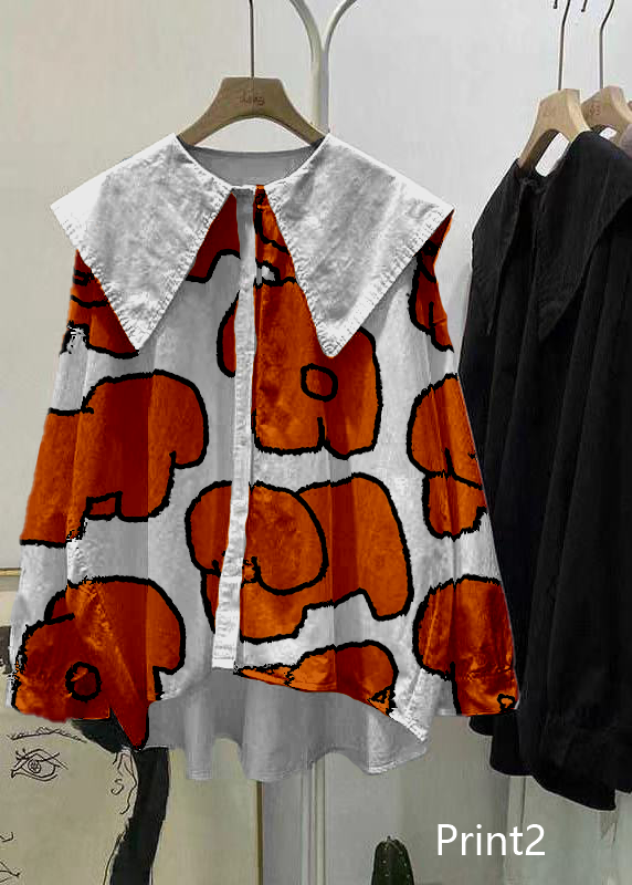 Bohemian Print2 Peter Pan Collar Button asymmetrical design Fall Long sleeve Top