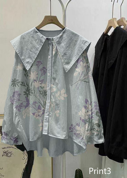 Bohemian Print2 Peter Pan Collar Button asymmetrical design Fall Long sleeve Top