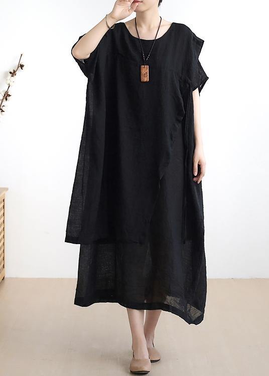 French o neck asymmetric cotton summer dress Sewing black Dresses