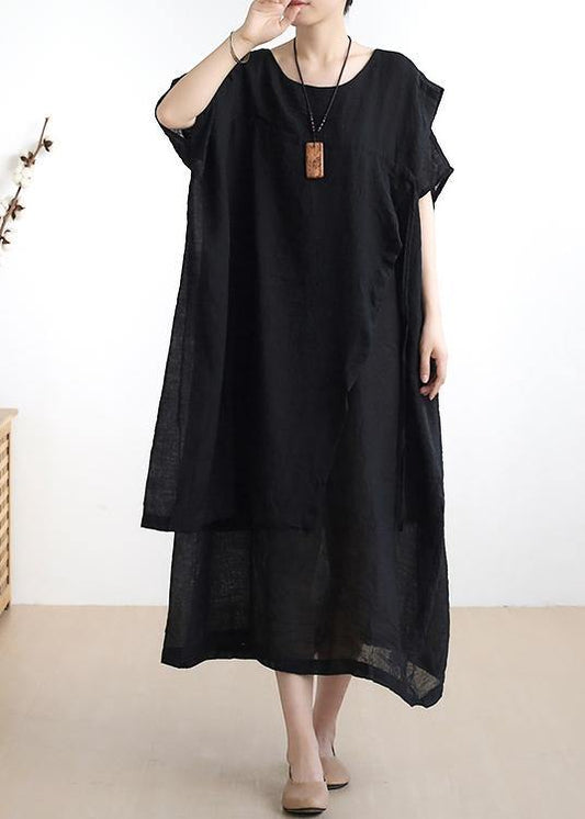 French o neck asymmetric cotton summer dress Sewing black Dresses
