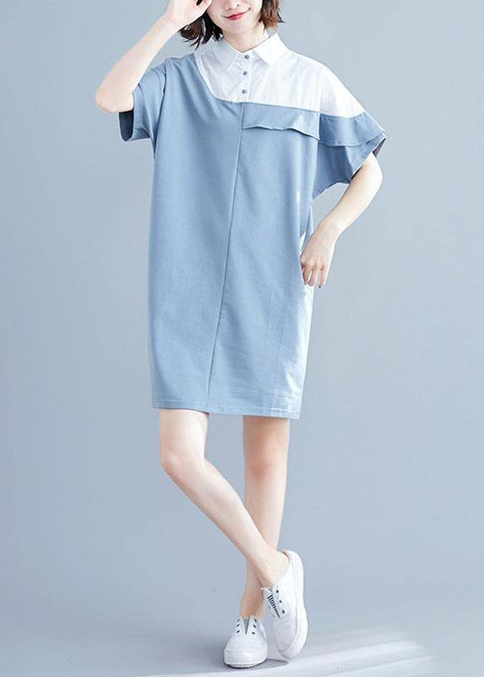 Italian o neck patchwork Cotton Tunics light blue Dress summer