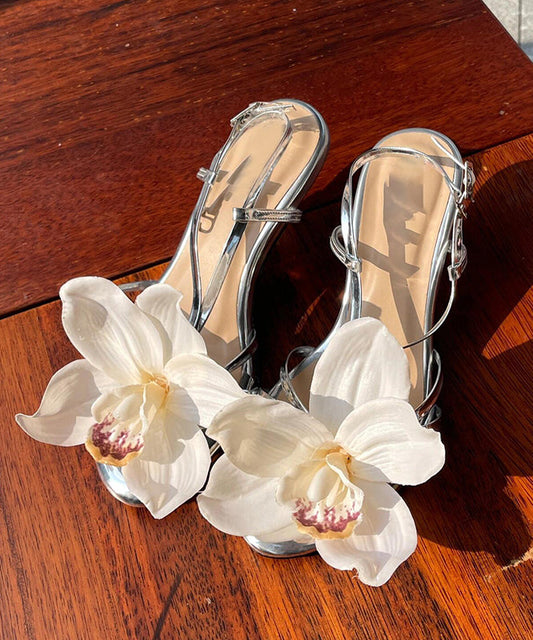 2025 New Silver Flower Open Toed Buckle High Heeled Sandals