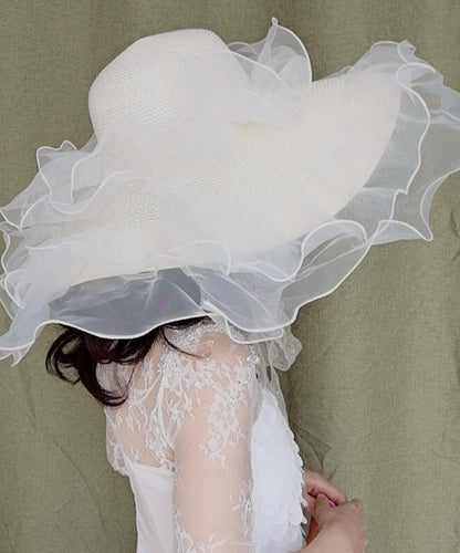 Stylish White Organza Ruffled Straw Woven Floppy Sun Hat