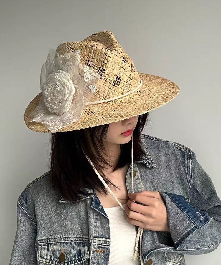Handmade Original Lace Flower Hollow Out Straw Woven Cowboy Hat