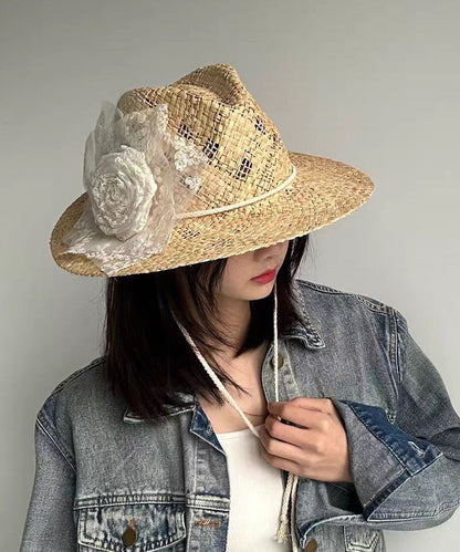 Handmade Original Lace Flower Hollow Out Straw Woven Cowboy Hat