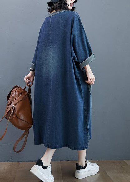 French O Neck Patchwork  Dresses Outfits Denim Blue Robe Dresses