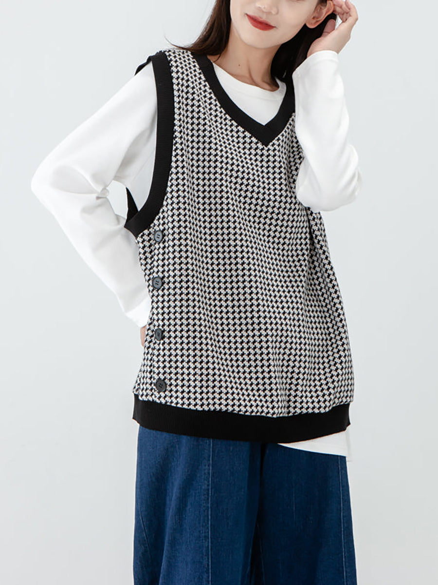 Plus Size - Women Plaid Knitted Vest Pullover Sweater