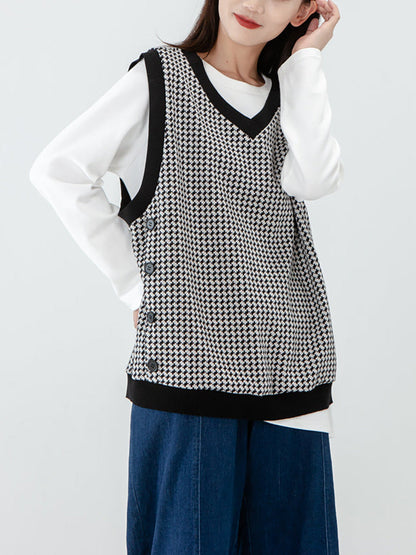 Plus Size - Women Plaid Knitted Vest Pullover Sweater