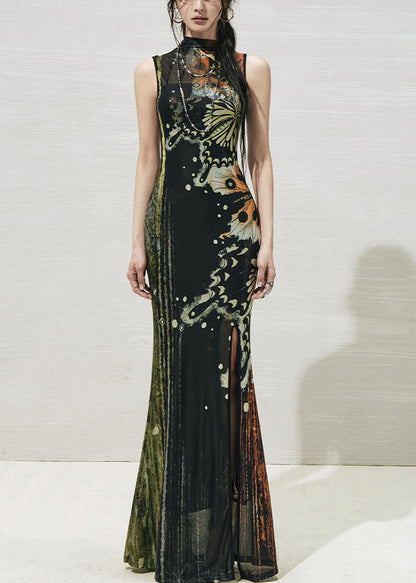 Black Print Side Open Tulle Two Pieces Set Stand Collar Summer