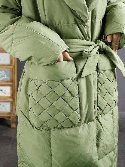 Women Winter Vintage Solid Drawstring Pocket Down Coat