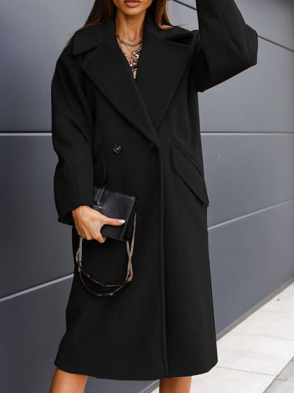 Women's Coats Solid Lapel Button Long Wool Coat
