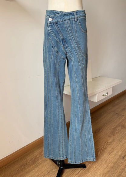 Fashion Blue Asymmetrical Design Pockets Denim Flared Trousers Fall