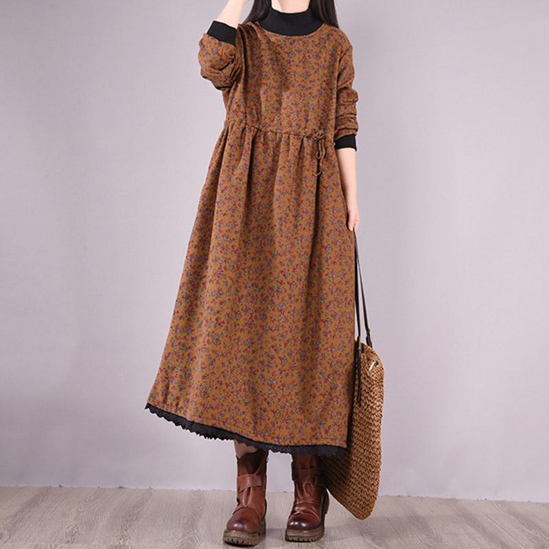 Winter Korean Style High-neck Plush Floral Dress