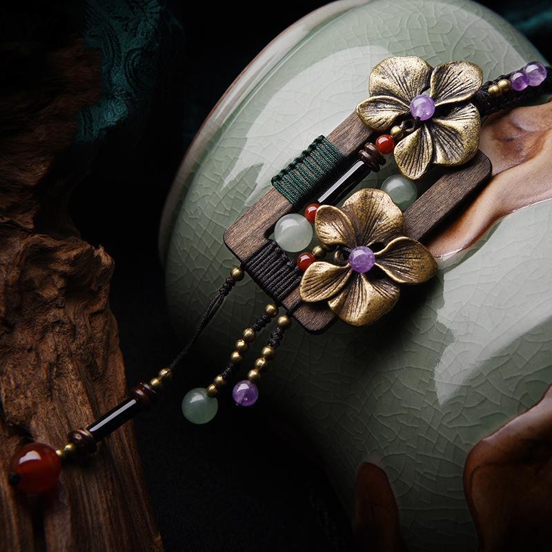 Vintage Wood Shell Flower Long Pendant Necklace