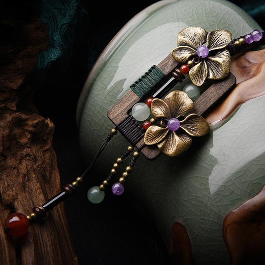 Vintage Wood Shell Flower Long Pendant Necklace