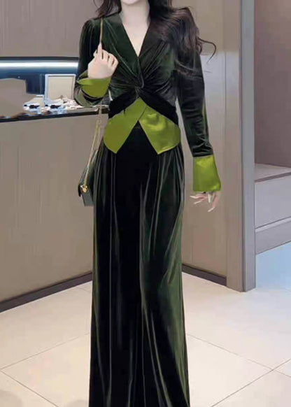 Stylish Green V Neck Cinched Top And Wide Leg Pants Silk Velvet Two Piece Set Spring