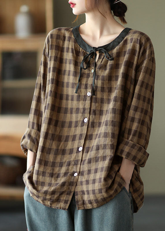 DIY Coffee Plaid Button tie Fall Shirt Long sleeve