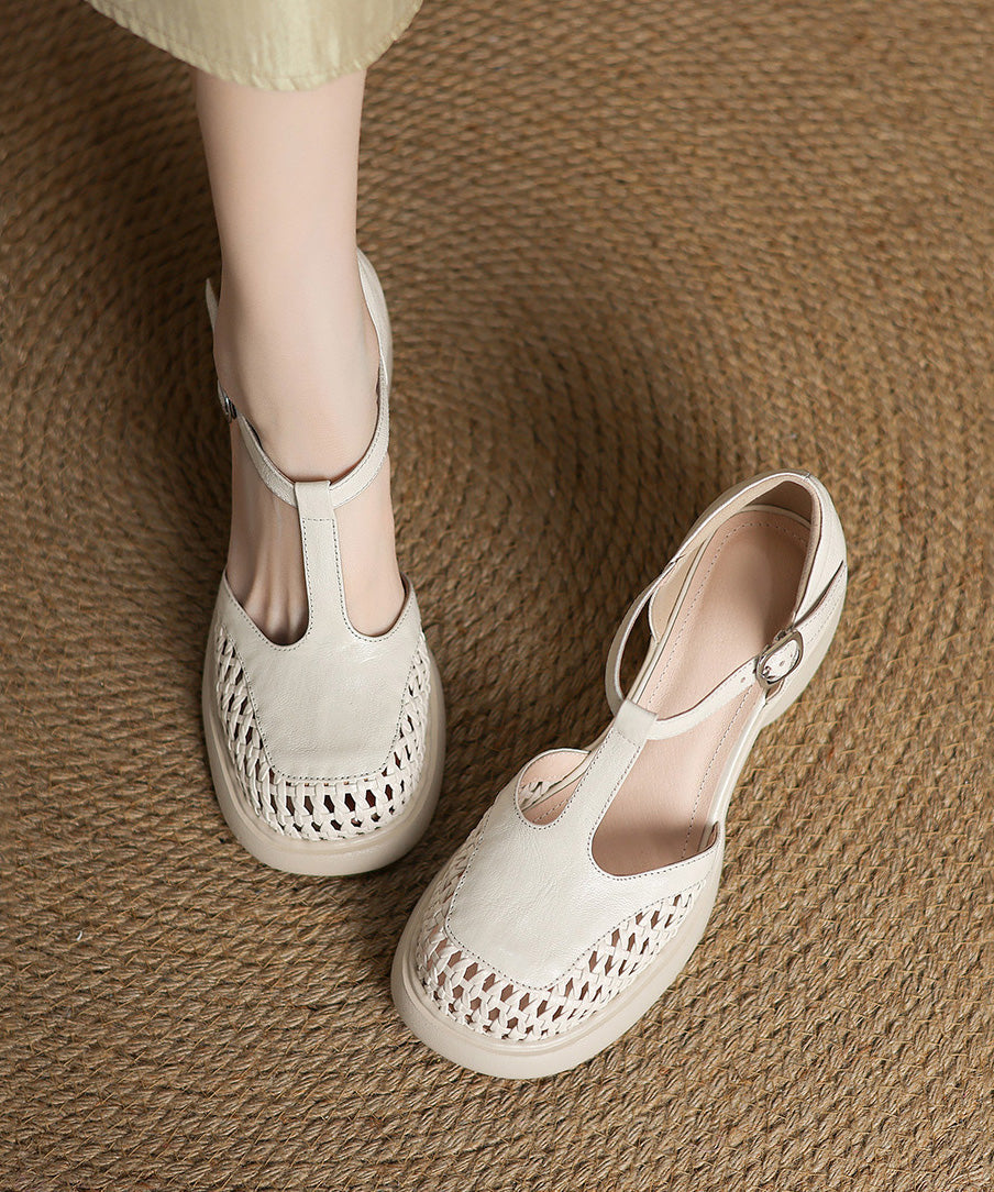 Black Sheepskin Hollow Out Buckle Strap Splicing Chunky Heel Sandals