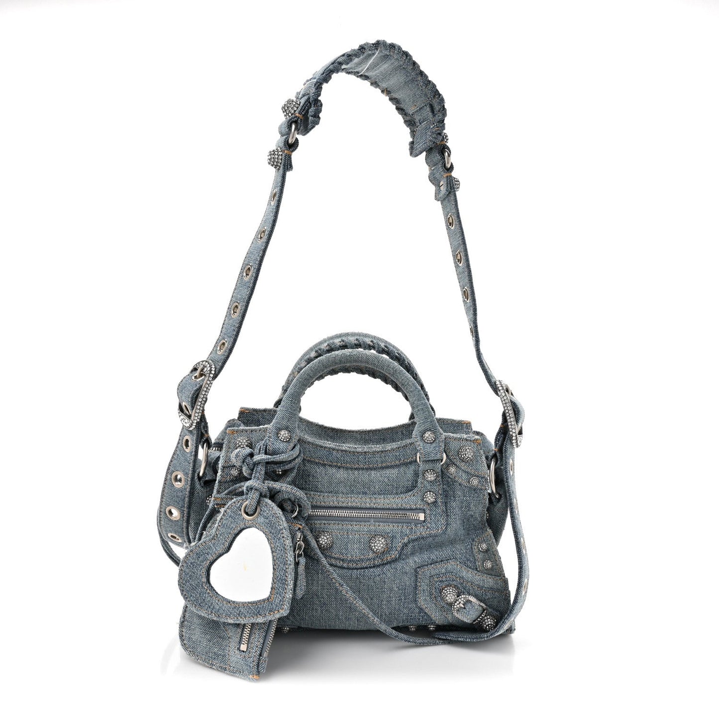 Washed Frayed Denim Crystal Neo Cagole Handbag XS Blue