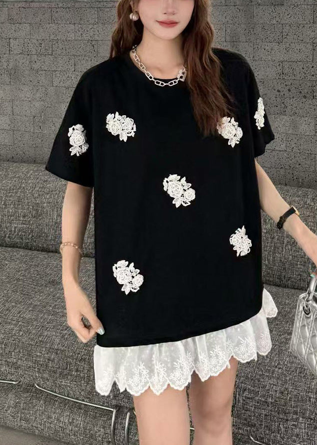 Women White Flower Decorated  Oversized Patchwork Lace Tanks Summer
