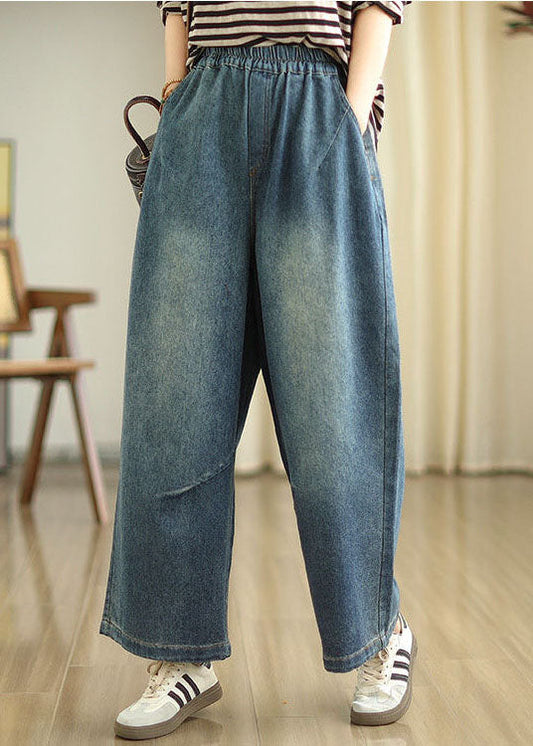 Casual Blue Pockets Elastic Waist Denim Wide Leg Pants Spring
