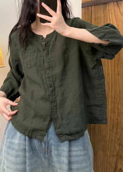 Women Linen Color O Neck Button Cotton Blouses Fall