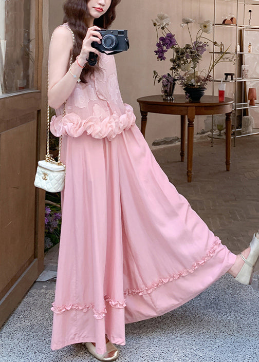 Art Pink Ruffled Tank And Wide Leg Pants Cotton Two Pieces Set Sleeveless