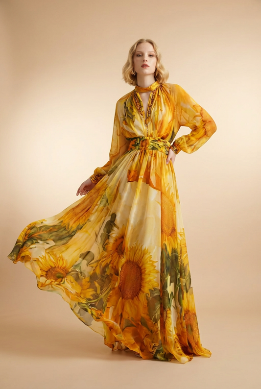 Elegant Sunflower Fitted Waist Backless Dress