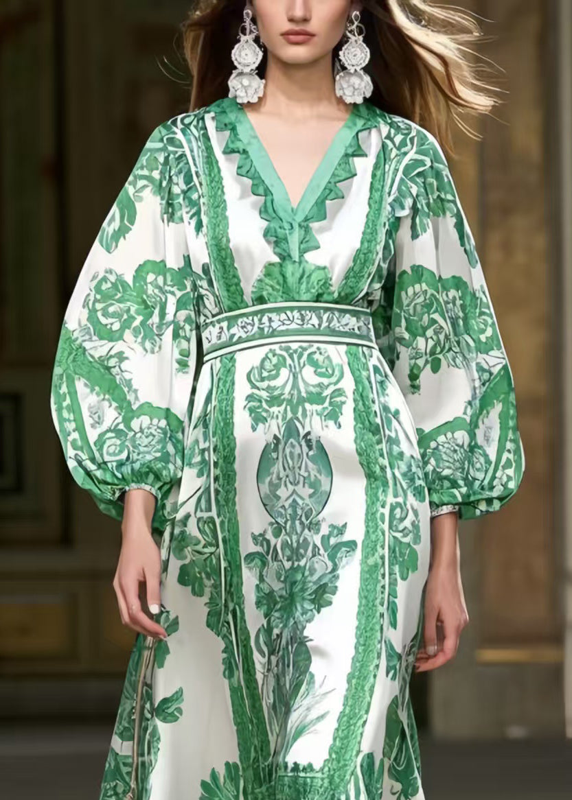 Vintage Green Puff Sleeve Patchwork Lace Robe Dresses Spring