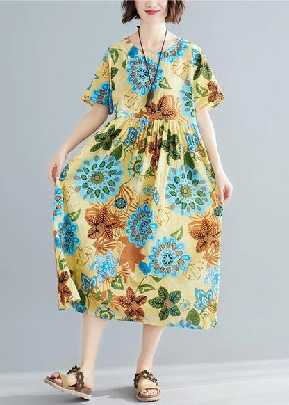 DIY yellow print cotton Tunics o neck patchwork Plus Size summer Dress