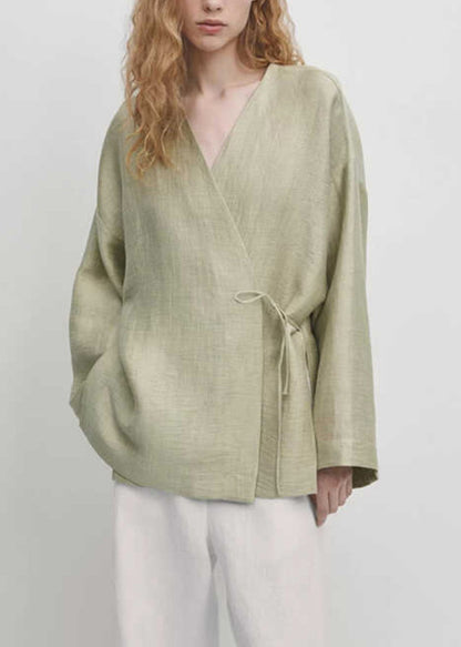 Women Green V Neck Lace Up Cotton Shirt Tops Fall