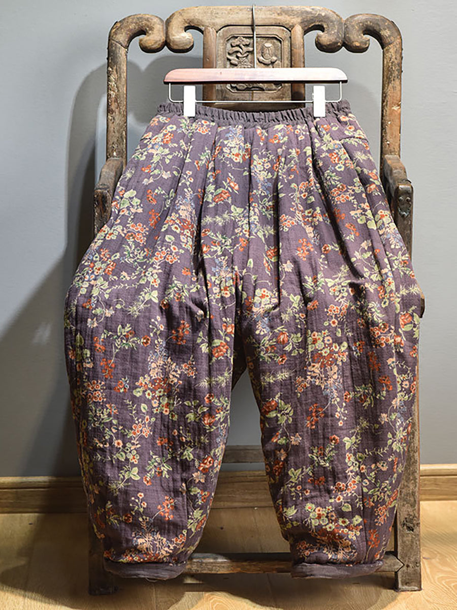 Winter Retro Warm Floral Print Cotton Pants