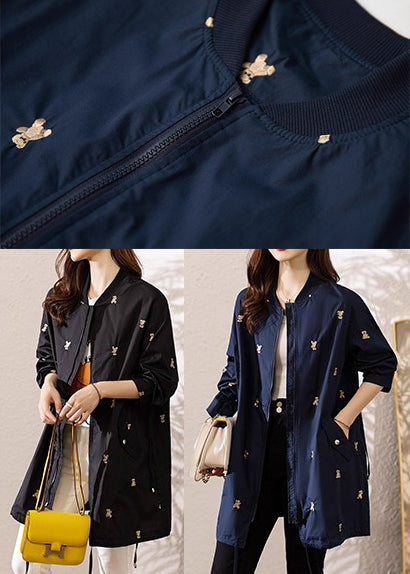 Elegant Navy Bear Embroidered Spandex Trench Coats Fall