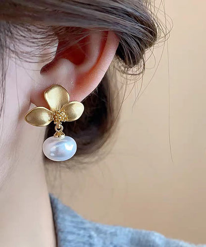 French Gold Copper Overgild Floral Pearl Drop Earrings