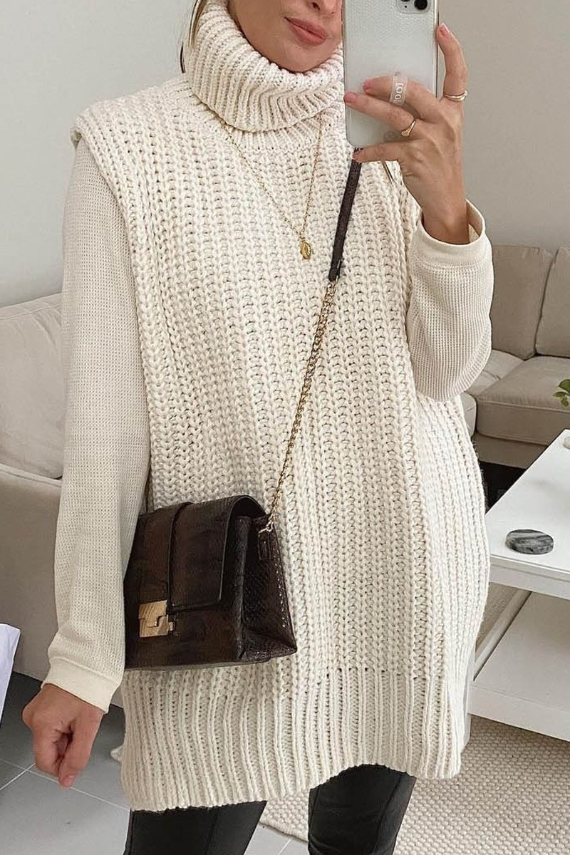 Turndown Collar Sleeveless Casual Sweater