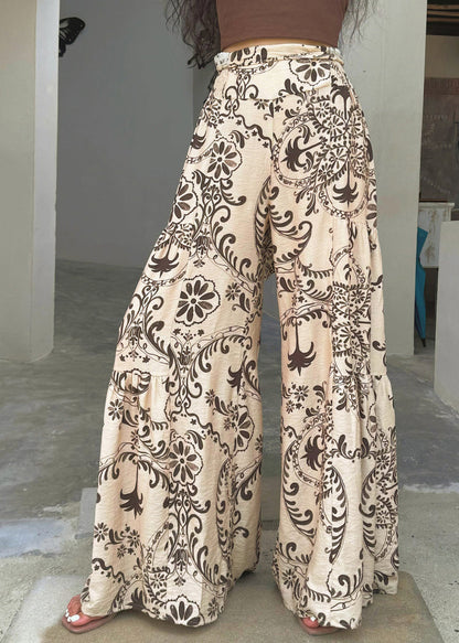 Bohemian Apricot Print Cotton Wide Leg Pants Summer