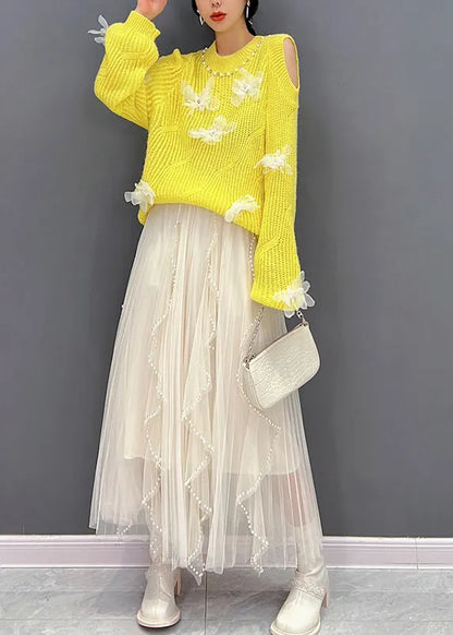 Yellow O-Neck Knit Top And Tulle Maxi Skirts Two Pieces Set Fall