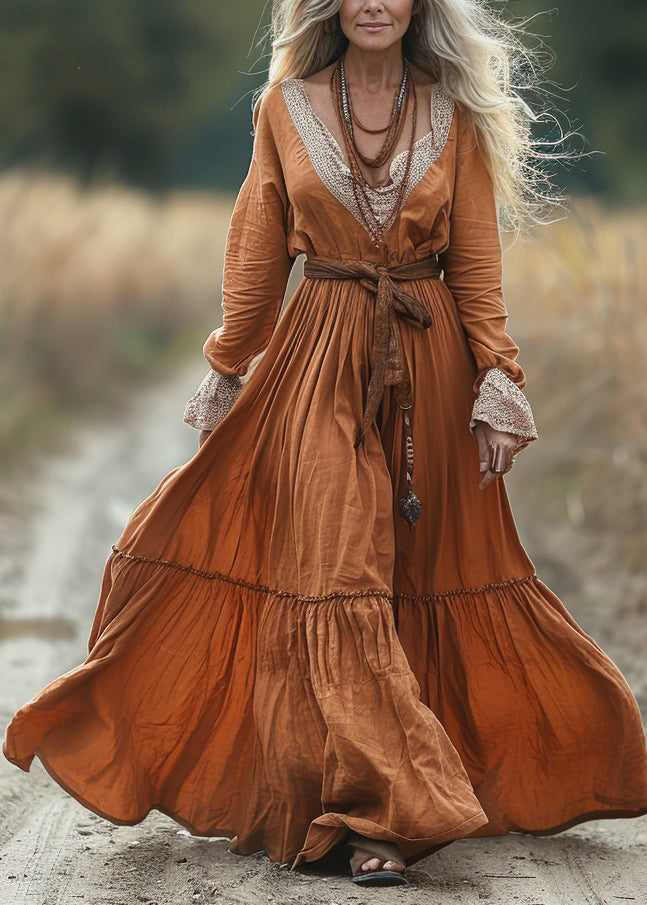 Vintage Pastoral Style V-neck Lace Patchwork Long Dress Spring