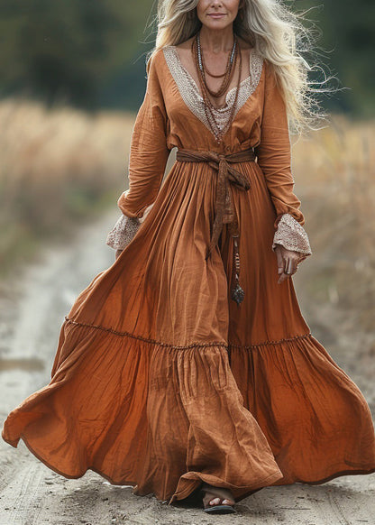 Vintage Pastoral Style V-neck Lace Patchwork Long Dress Spring