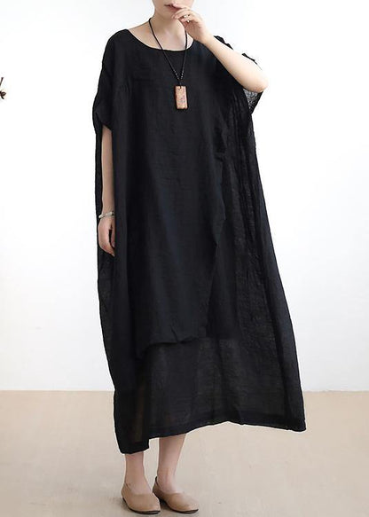 French o neck asymmetric cotton summer dress Sewing black Dresses